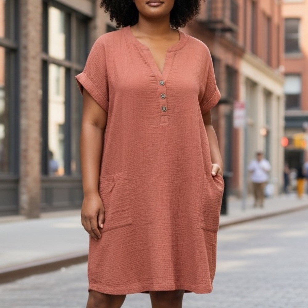 100% Cotton Gauze Terracotta Red Orange Dress or Long Tunic Top Roll Sleeve